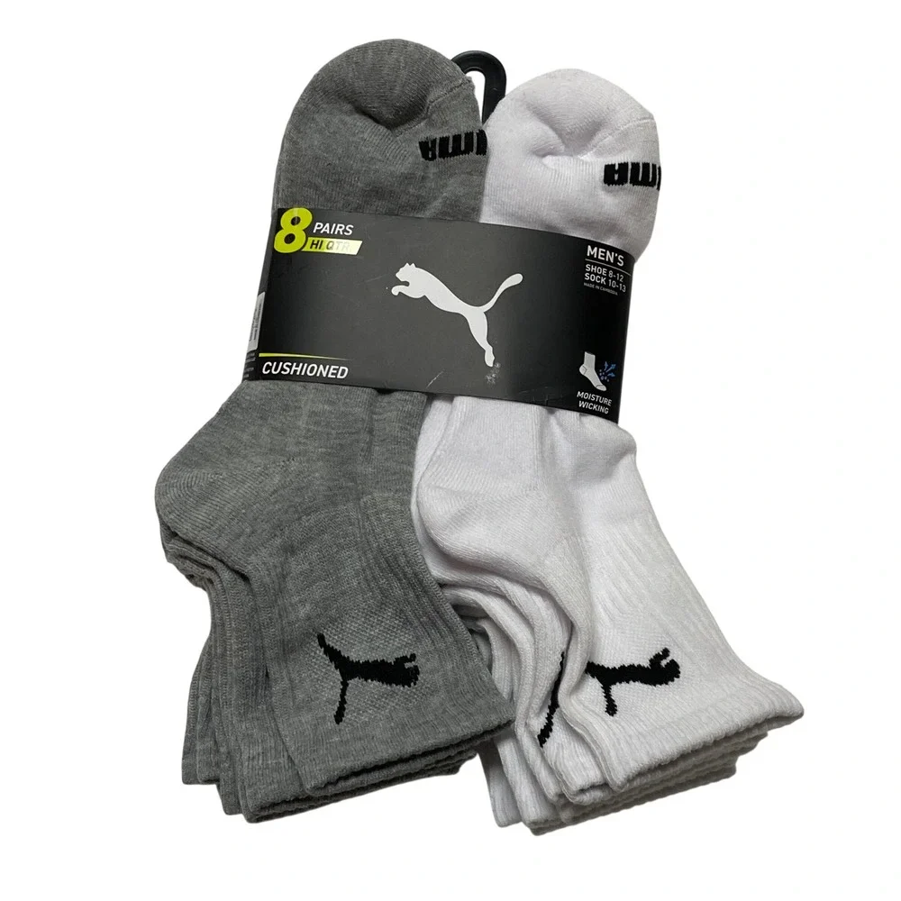 Puma Mens Hi Qtr Socks 8 Pair Pack White Grey Cushione Moisture Wicking 8-12 NWT